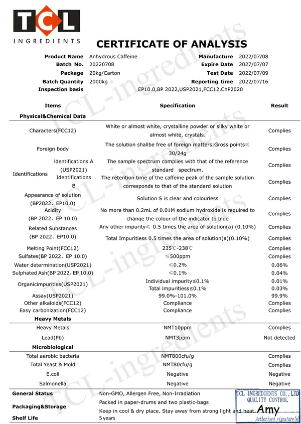 COA-Anhydrous Caffeine 999 COA-Anhydrous Caffeine 999